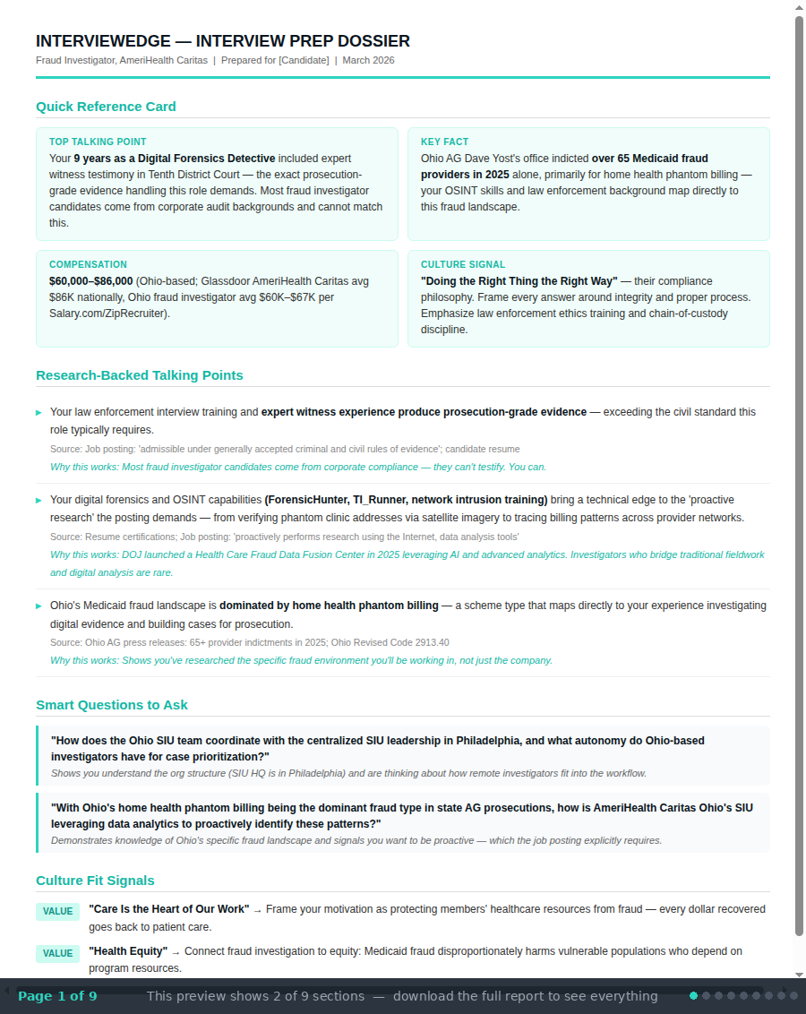 Sample InterviewEdge Report — Quick Reference, Talking Points, Smart Questions, Red Flags